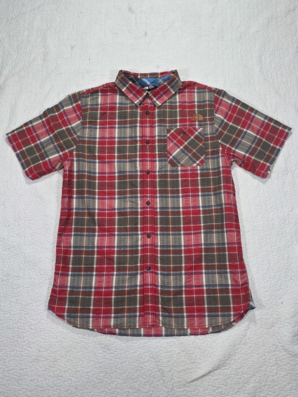The North Face Plaid Red Brown Blue Seersucker Short-Sleeve Button-Up Shirt